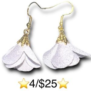 Handmade White Flower Earrings Gold Plated S925 Sterling Silver Fishhook Backs